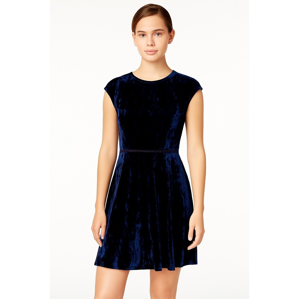 B Darlin Crushed Velvet Crochet Trim Dress Juniors Size 7/8 Navy Cap Sleeve
